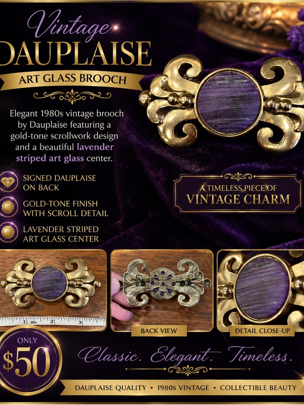 Duplaise signed large vintage Gold-Tone Scrollwork Brooch Lavender Art Glass